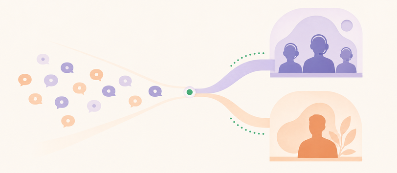 Customer inquiries route to internal experts or scalable support