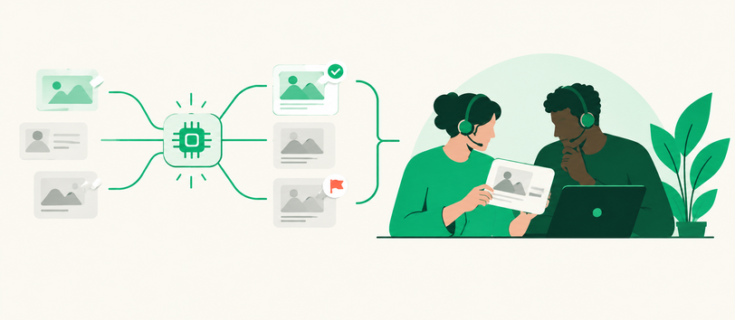 AI triage and human moderators reviewing platform content
