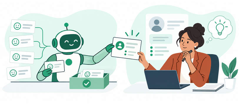 AI sorting routine customer questions and preparing a summary for a human agent handling a complex case.