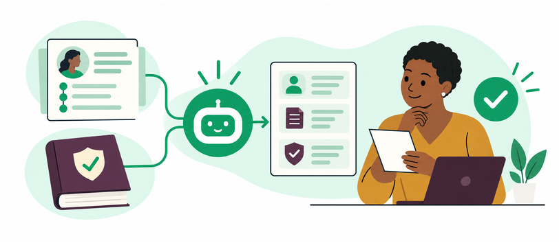 AI retrieving customer history and policy information for a support professional to make the final decision.