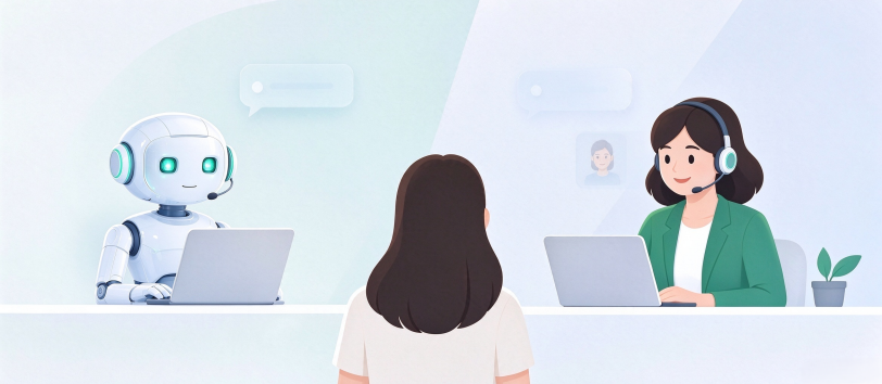 Customer between AI chatbot automation and human support agent balance model