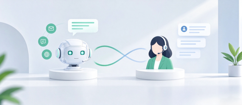 AI chatbot communication channels and human customer service agent illustration